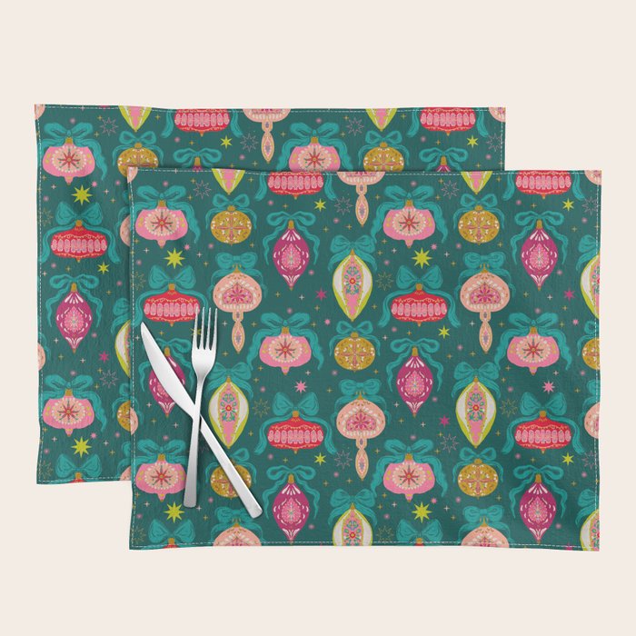 Vintage Christmas Ornaments on Deep Teal Background Holiday Pattern Placemat Gallery Image 1