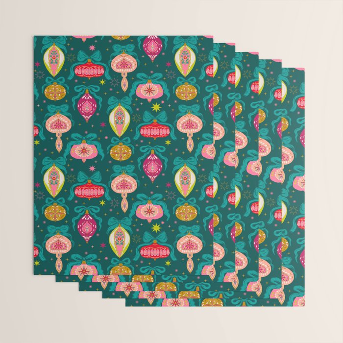 Vintage Christmas Ornaments on Deep Teal Background Holiday Pattern Wrapping Paper Gallery Image 3