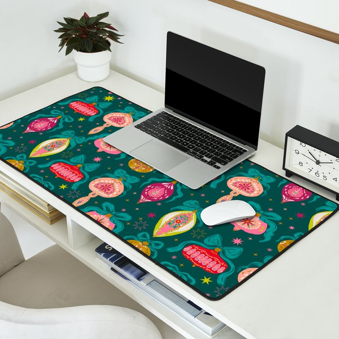 Vintage Christmas Ornaments on Deep Teal Background Holiday Pattern Desk Mat Gallery Image 2