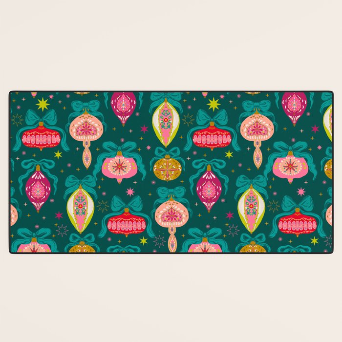 Vintage Christmas Ornaments on Deep Teal Background Holiday Pattern Desk Mat Gallery Image 3