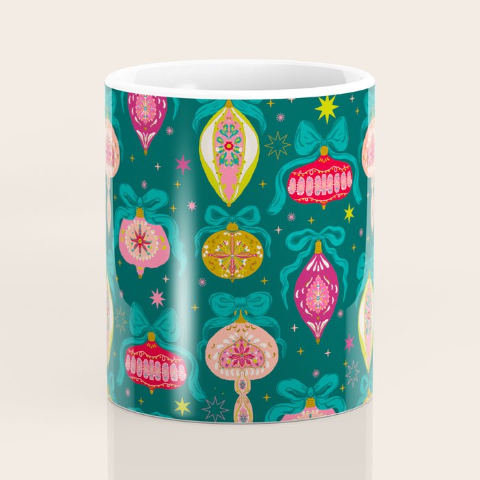 Vintage Christmas Ornaments on Deep Teal Background Holiday Pattern Coffee Mug Gallery Image 4
