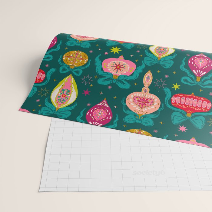 Vintage Christmas Ornaments on Deep Teal Background Holiday Pattern Wrapping Paper Gallery Image 2