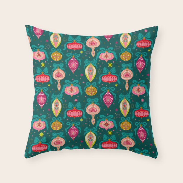 Vintage Christmas Ornaments on Deep Teal Background Holiday Pattern Throw Pillow Gallery Image 1