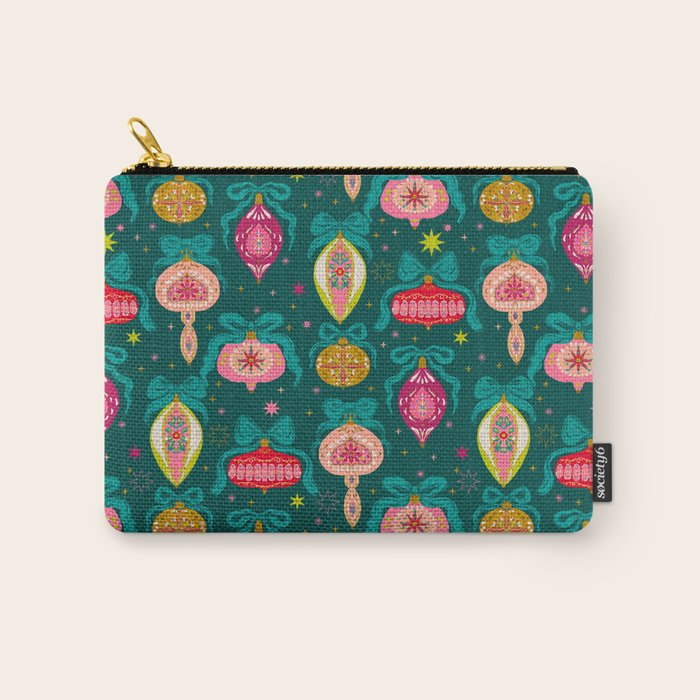 Vintage Christmas Ornaments on Deep Teal Background Holiday Pattern Carry All Pouch Gallery Image 1
