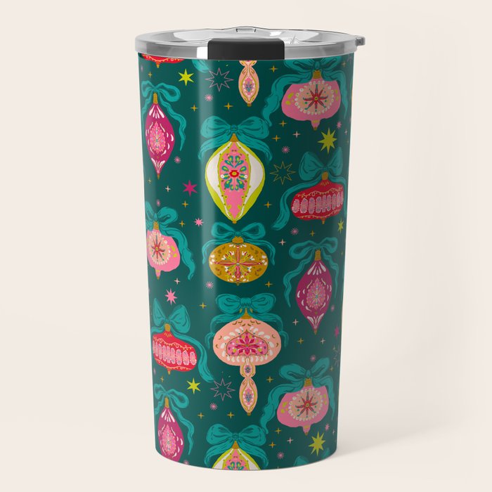 Vintage Christmas Ornaments on Deep Teal Background Holiday Pattern Travel Mug Gallery Image 1
