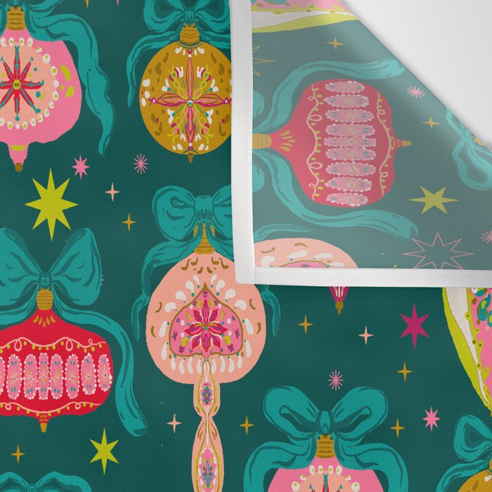 Vintage Christmas Ornaments on Deep Teal Background Holiday Pattern Wall Tapestry Gallery Image 3