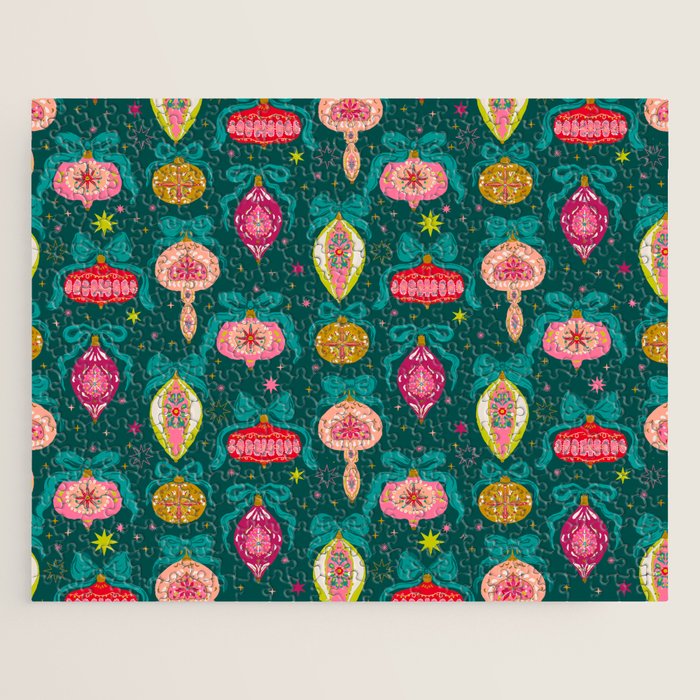Vintage Christmas Ornaments on Deep Teal Background Holiday Pattern Jigsaw Puzzle Gallery Image 1