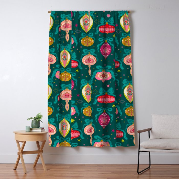 Vintage Christmas Ornaments on Deep Teal Background Holiday Pattern Window Curtain Gallery Image 5