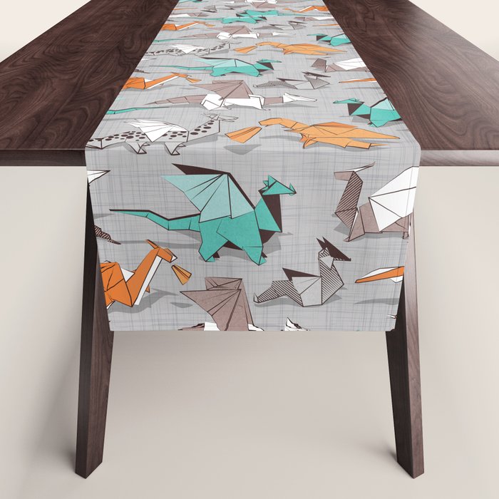 Origami dragon friends // grey linen texture background aqua orange grey and taupe fantastic creatures Table Runner Gallery Image 1
