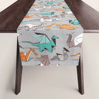 Origami dragon friends // grey linen texture background aqua orange grey and taupe fantastic creatures Table Runner Gallery Image 1