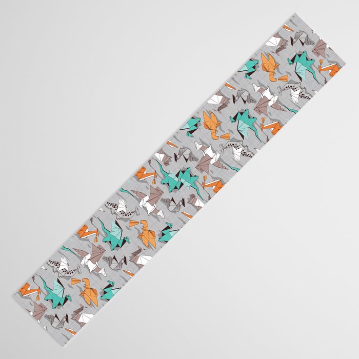 Origami dragon friends // grey linen texture background aqua orange grey and taupe fantastic creatures Table Runner Gallery Image 3