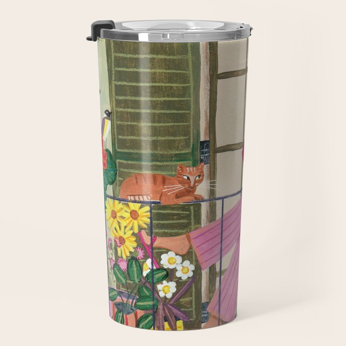 Woman reading on balcony Travel Mug Gallery Image 3