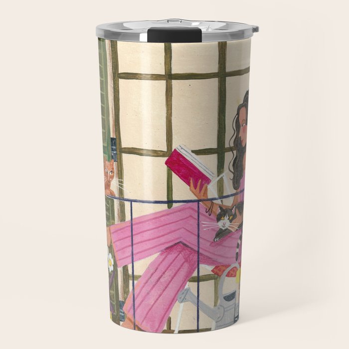 Woman reading on balcony Travel Mug Gallery Image 1