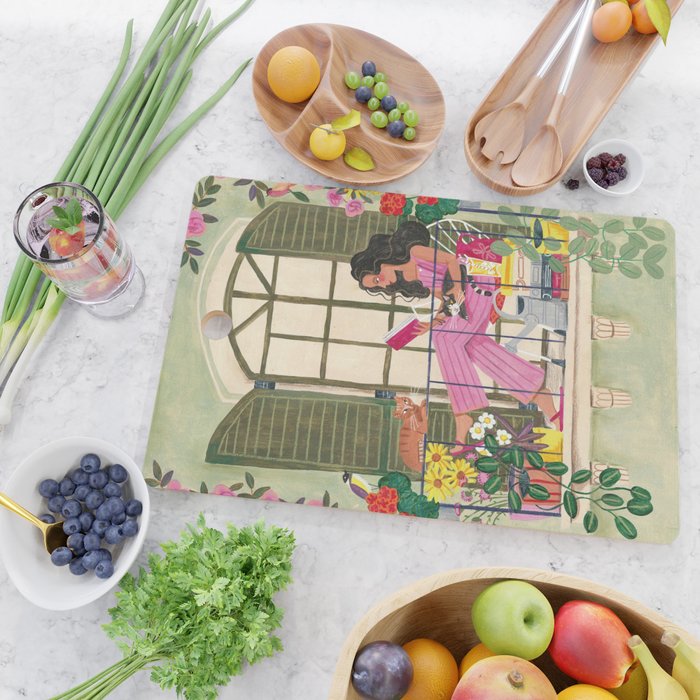 Woman reading on balcony Cutting Board Gallery Image 2