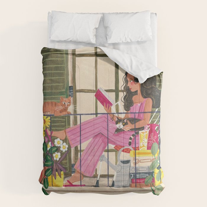 Woman reading on balcony Comforter Gallery Image 6