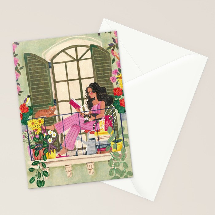 Woman reading on balcony Stationery Card Gallery Image 2