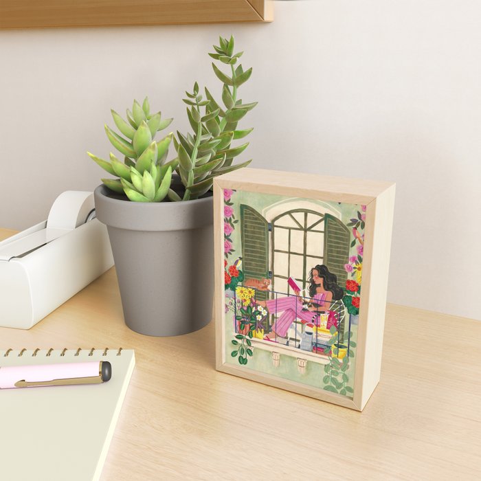 Woman reading on balcony Mini Art Print Gallery Image 2