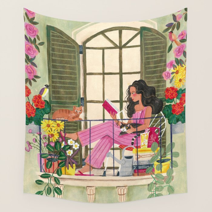 Woman reading on balcony Wall Tapestry Gallery Image 4