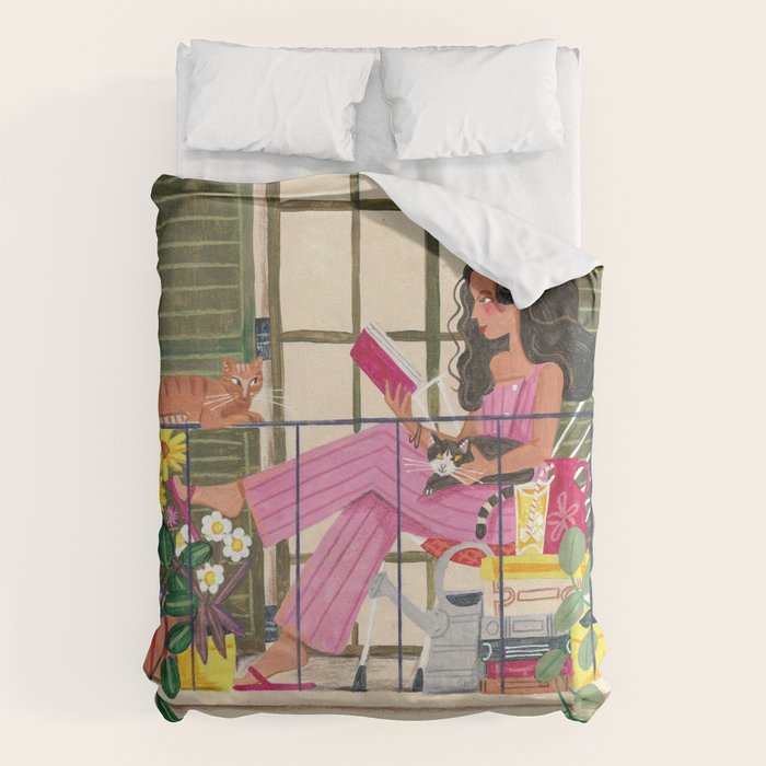Woman reading on balcony Duvet Cover Gallery Image 6