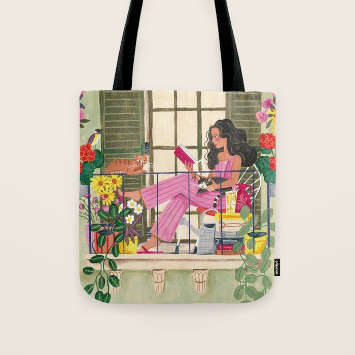 Woman reading on balcony Tote Bag Gallery Image 1