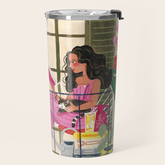 Woman reading on balcony Travel Mug Gallery Image 2