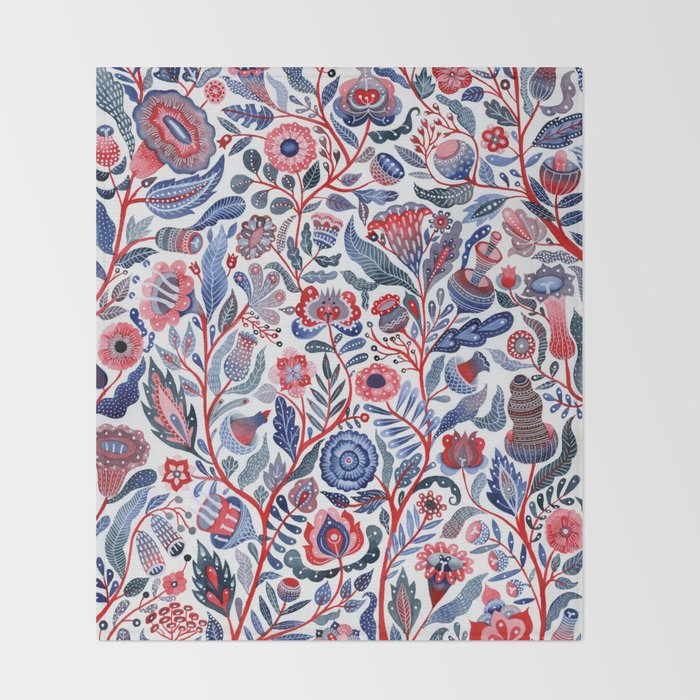 Botanical in red and blue Throw Blanket Gallery Image 2