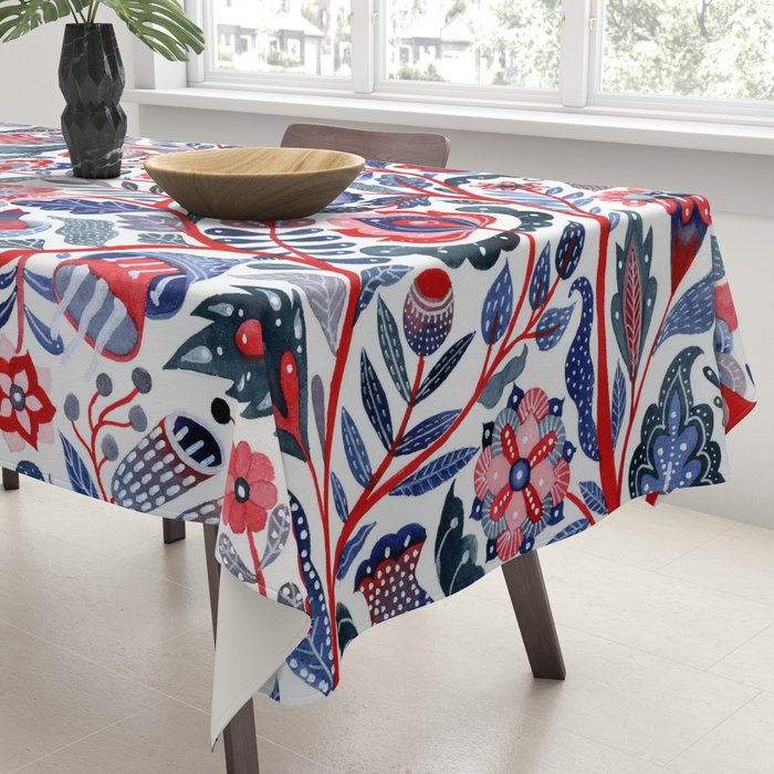 Botanical in red and blue Tablecloth Gallery Image 3