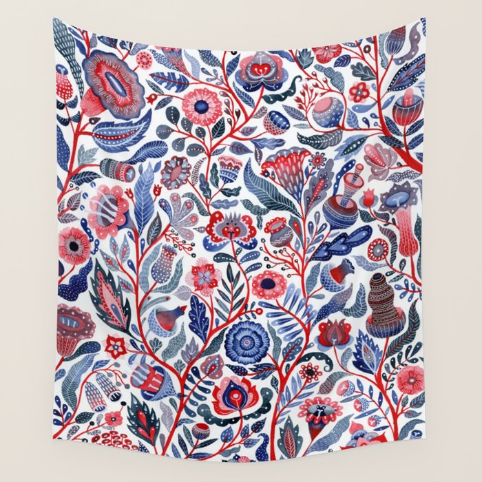 Botanical in red and blue Wall Tapestry Gallery Image 4