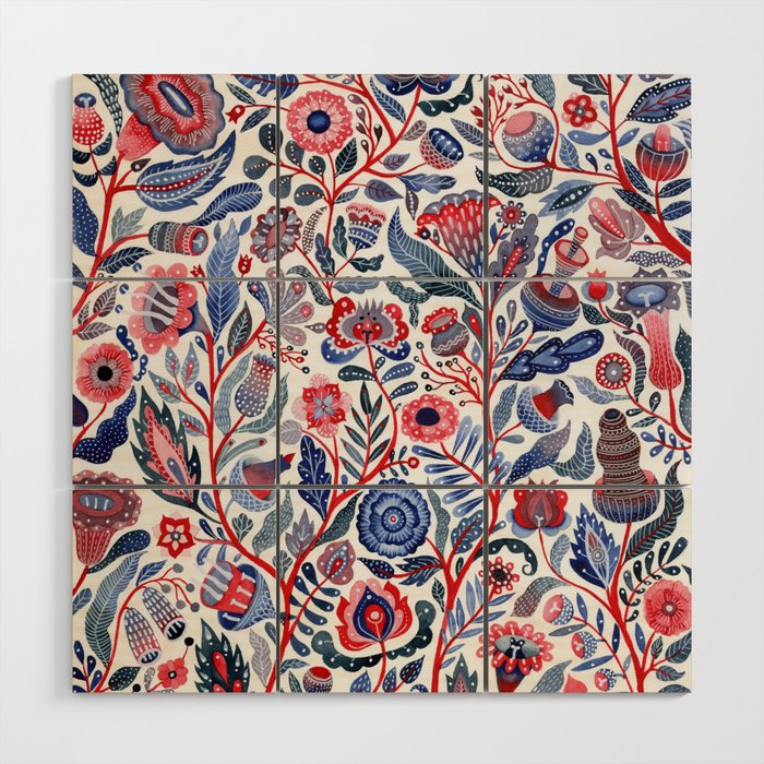 Botanical in red and blue Wood Wall Art Gallery Image 1