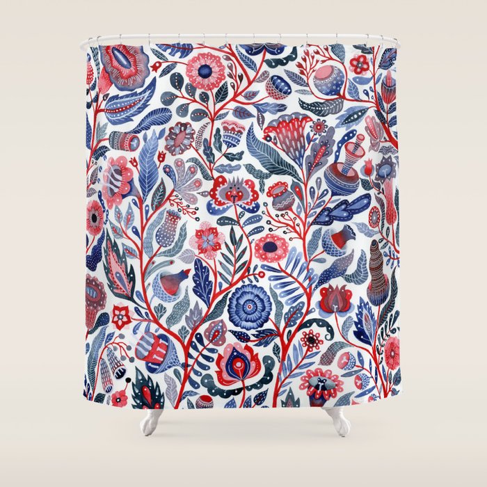 Botanical in red and blue Shower Curtain Gallery Image 1