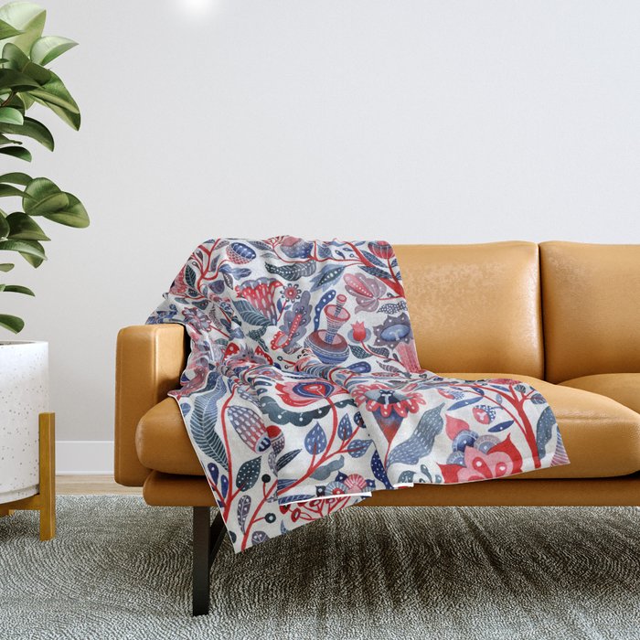 Botanical in red and blue Throw Blanket Gallery Image 1