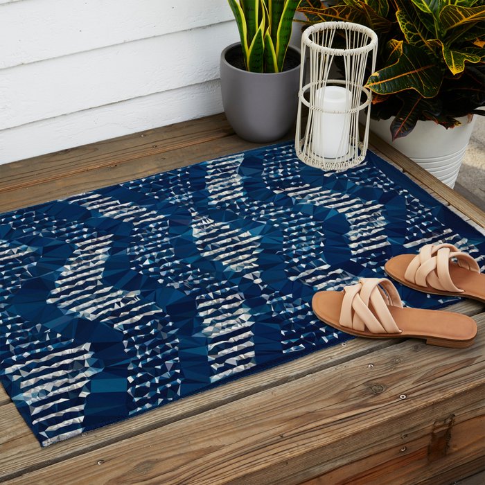 Blue Shibori African Indigo Low Poly Abstract Digital Art Painting Outdoor Rug Gallery Image 2