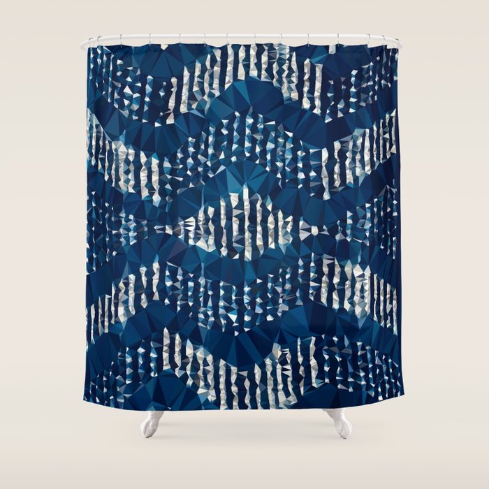 Blue Shibori African Indigo Low Poly Abstract Digital Art Painting Shower Curtain Gallery Image 1