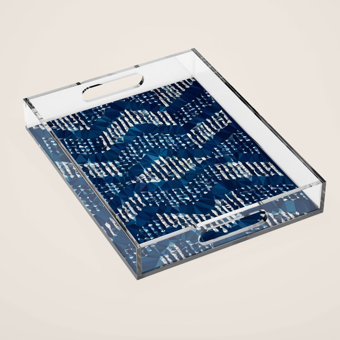 Blue Shibori African Indigo Low Poly Abstract Digital Art Painting Acrylic Tray Gallery Image 1