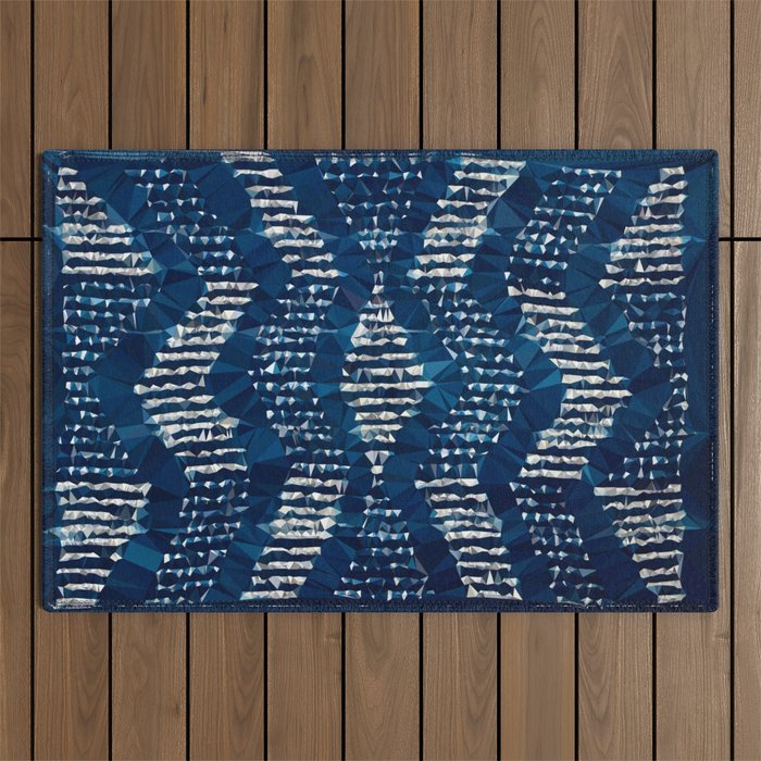 Blue Shibori African Indigo Low Poly Abstract Digital Art Painting Outdoor Rug Gallery Image 1