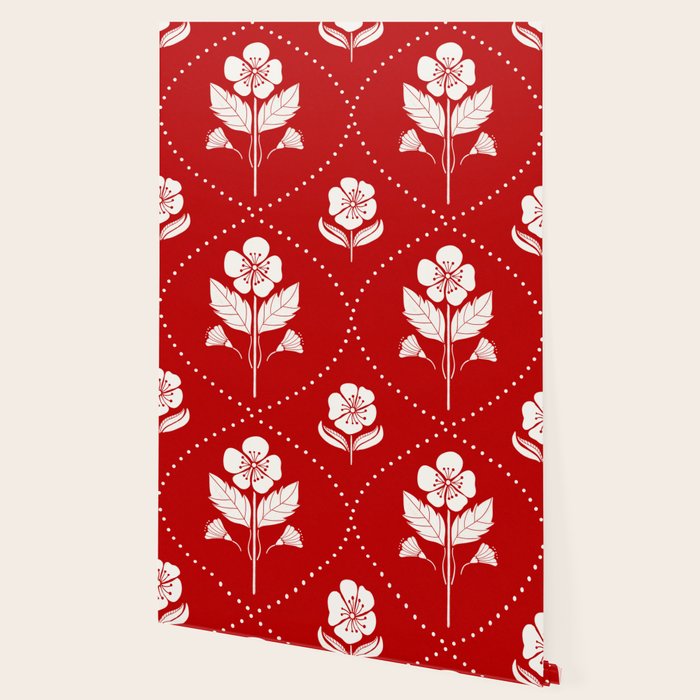 Hand-Drawn Nostalgic Floral Design in Bold Red Wallpaper Gallery Image 2