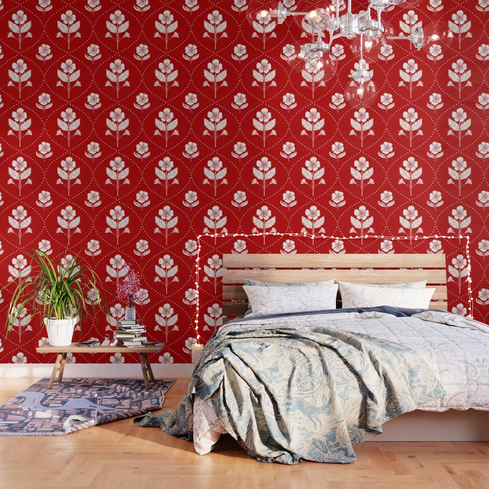 Hand-Drawn Nostalgic Floral Design in Bold Red Wallpaper Gallery Image 1