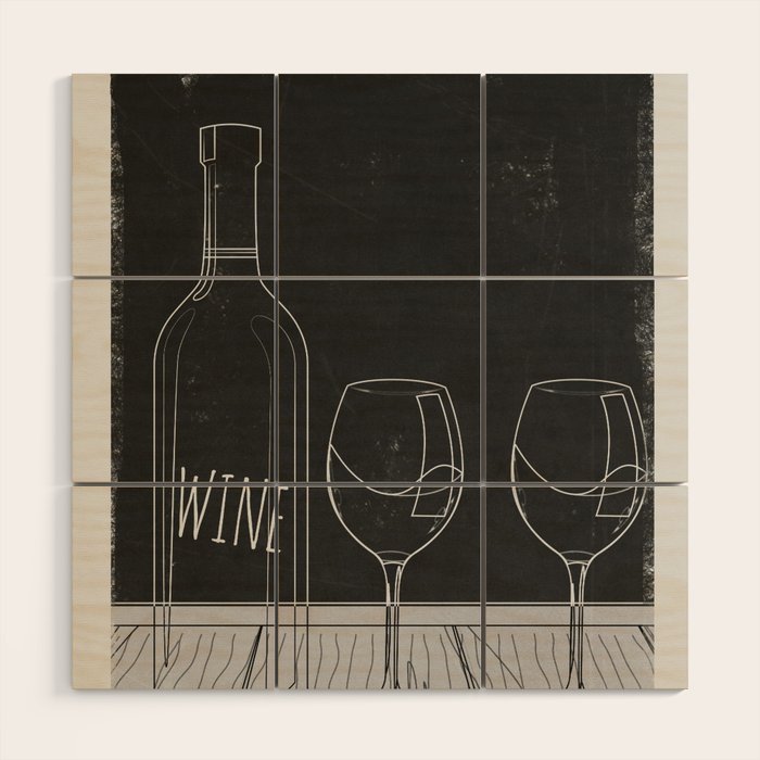 Minimalist Black and White Wine Glasses Wood Wall Art Gallery Image 1