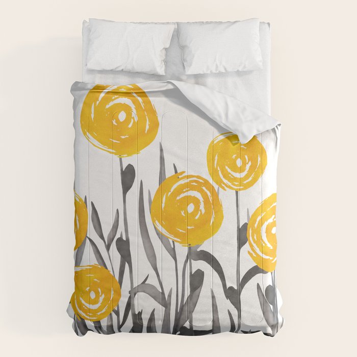Fall Sunshine, Floral Watercolor Print, Yellow and Gray Comforter Gallery Image 6