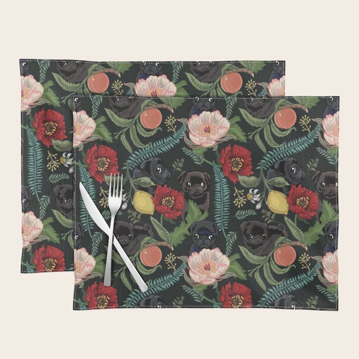 Botanical and Black Pugs Placemat Gallery Image 1