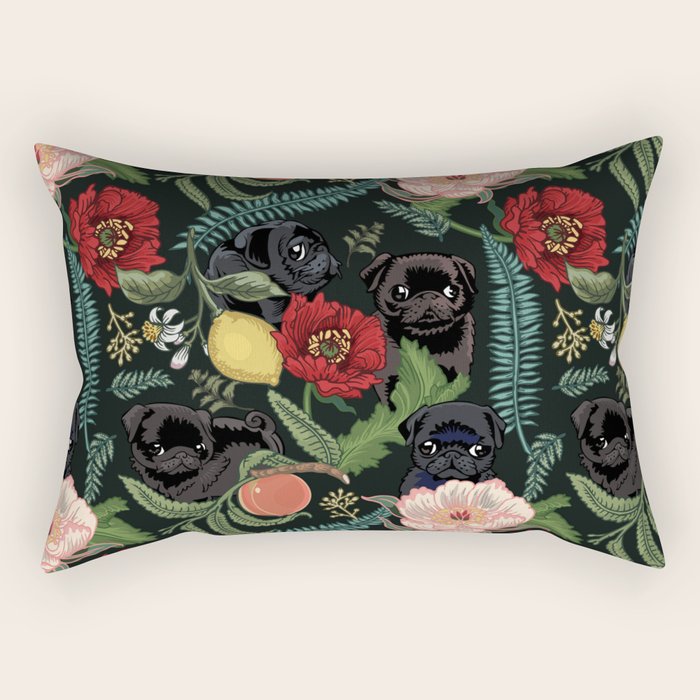 Botanical and Black Pugs Rectangular Pillow Gallery Image 1