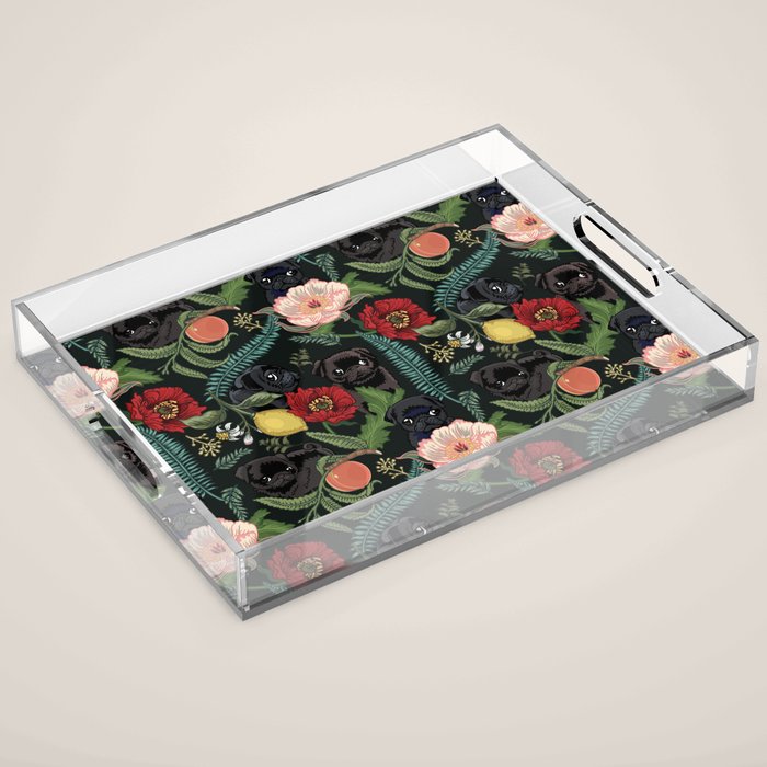 Botanical and Black Pugs Acrylic Tray Gallery Image 1