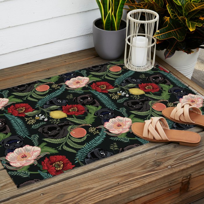 Botanical and Black Pugs Outdoor Rug Gallery Image 2
