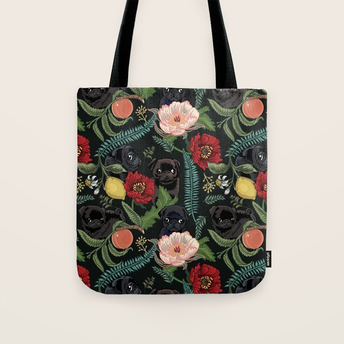Botanical and Black Pugs Tote Bag Gallery Image 1