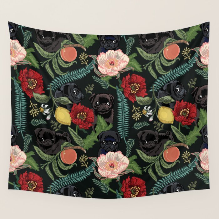 Botanical and Black Pugs Wall Tapestry Gallery Image 4