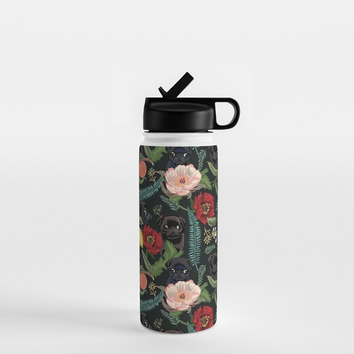 Botanical and Black Pugs Water Bottle Gallery Image 1