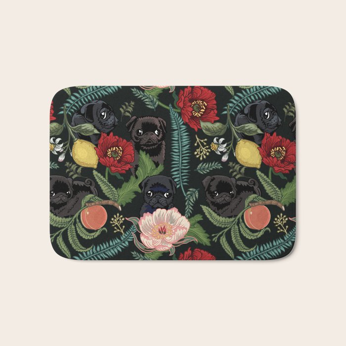 Botanical and Black Pugs Bath Mat Gallery Image 1