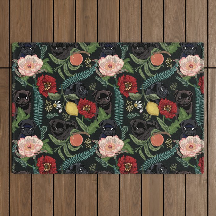 Botanical and Black Pugs Outdoor Rug Gallery Image 1