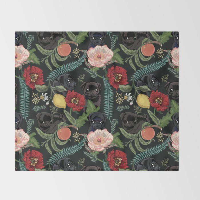 Botanical and Black Pugs Throw Blanket Gallery Image 2