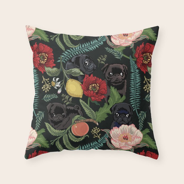 Botanical and Black Pugs Throw Pillow Gallery Image 6